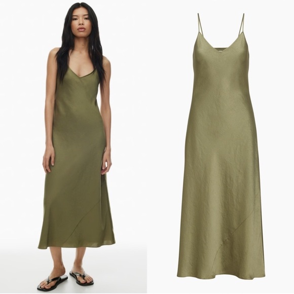 ARITZIA Wilfred Olive Green Satin Vneck Slip Midi Dress - Picture 1 of 7